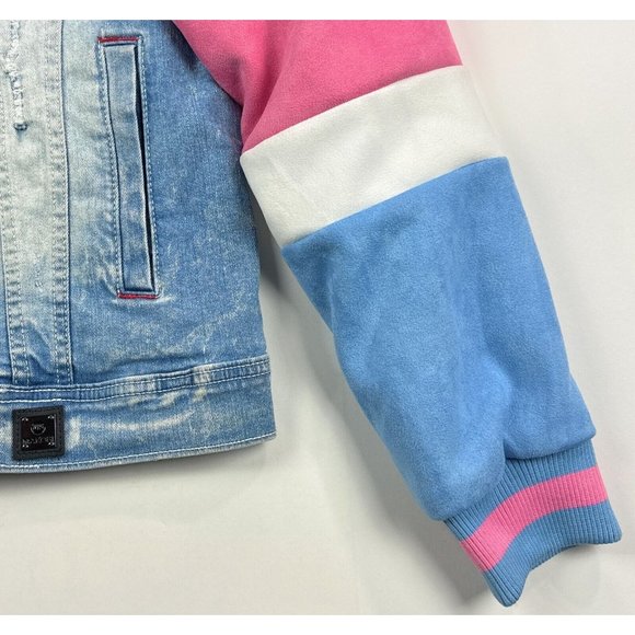 Makobi Mens Small Full Zip Denim Jean Jacket Blue Pink White Distressed M1010 - Picture 7 of 11